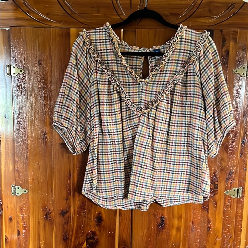 Plaid Ruffle Trim Women's Top